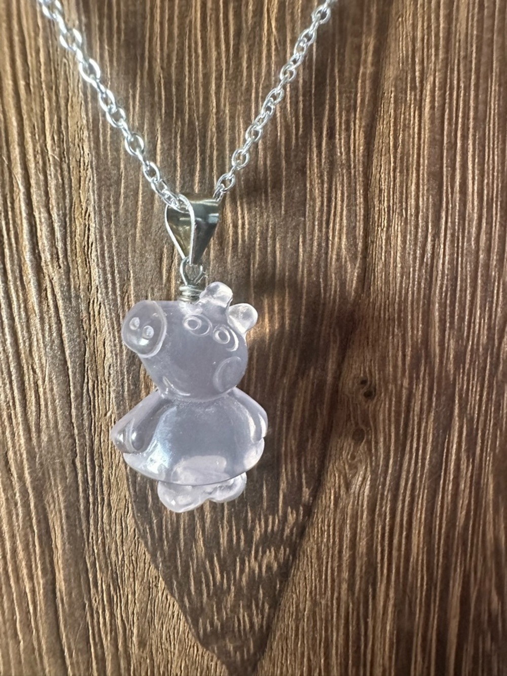 Light Pink Rose Quartz Peppa Pig Pendant Necklace, Sterling Silver Bail - Picture 5 of 10